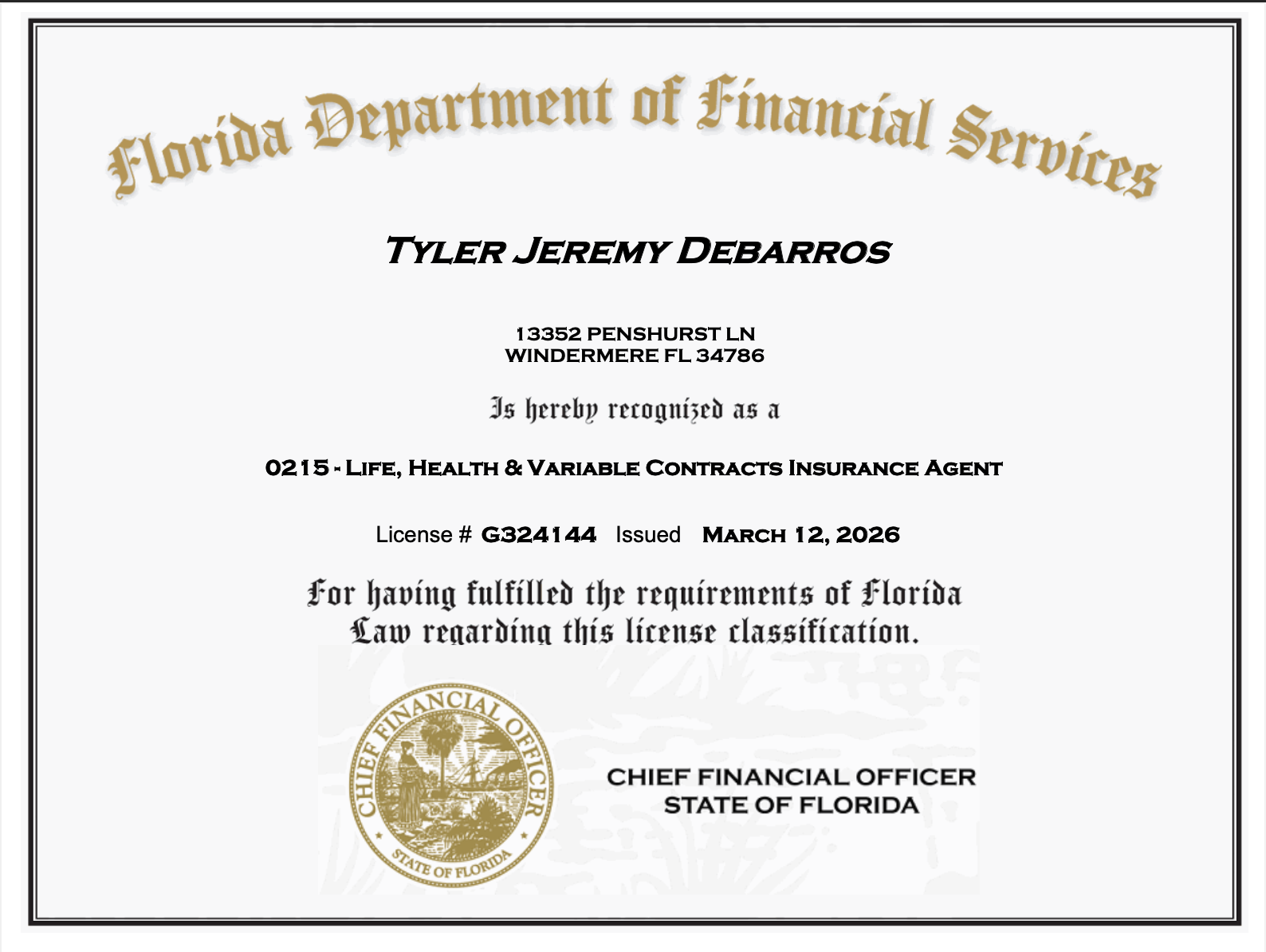 Tyler J. DeBarros — Florida Department of Financial Services License